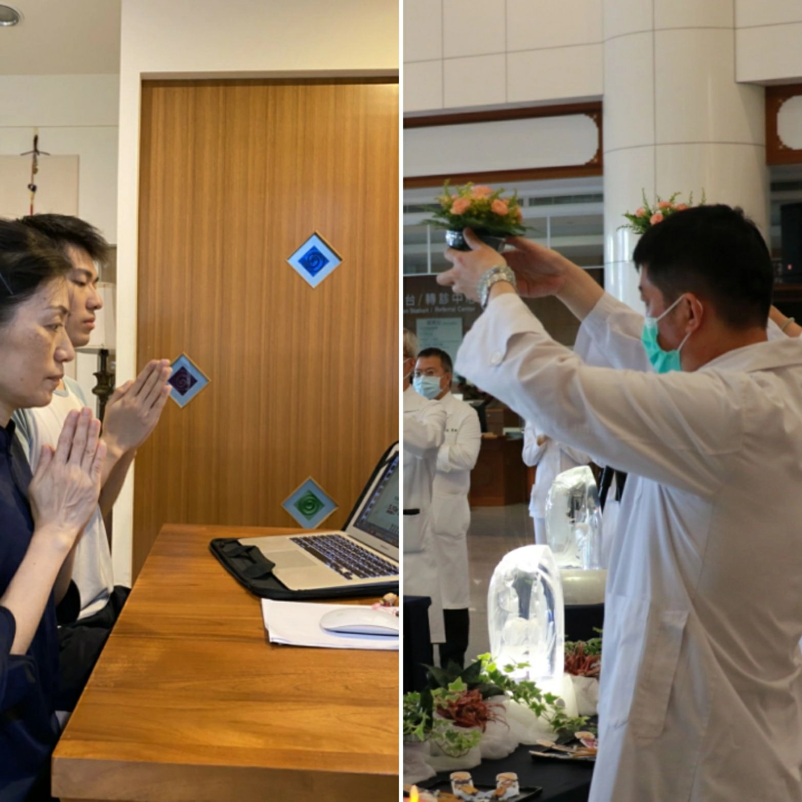 核子醫學科主任陳慶元（右）在大廳，太太謝金鳳在家帶兒子連線（左），雲端齊浴佛。