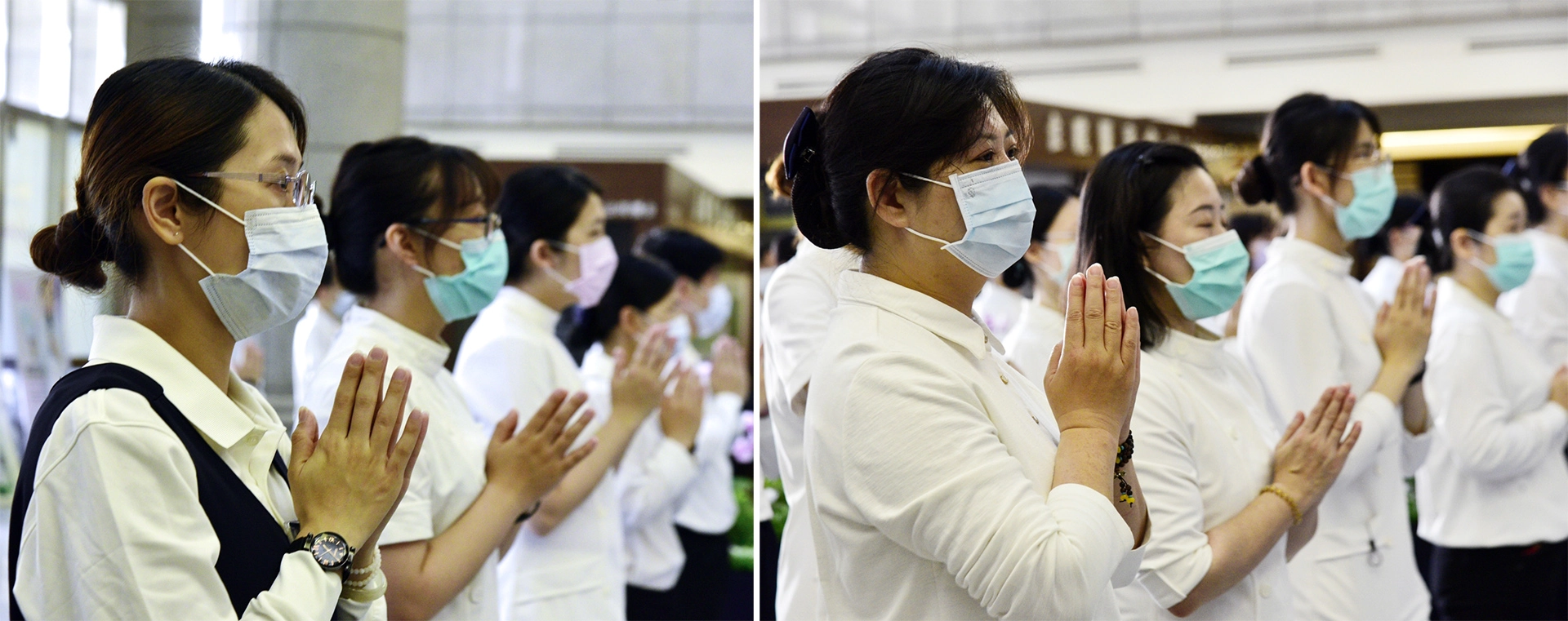 總務室簡畹淯(左)身懷六甲首次參加浴佛，懷孕感受到媽媽的辛苦，結束後一起與媽媽共度母親節。斗六醫事組黃姵菁(右)飲食改變可拯救更多有情眾生。