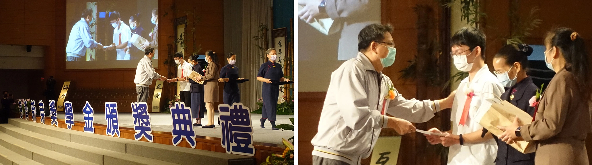 台南高商進修部李正智主任(左)、頒發獎狀給葉俊億(左二)。