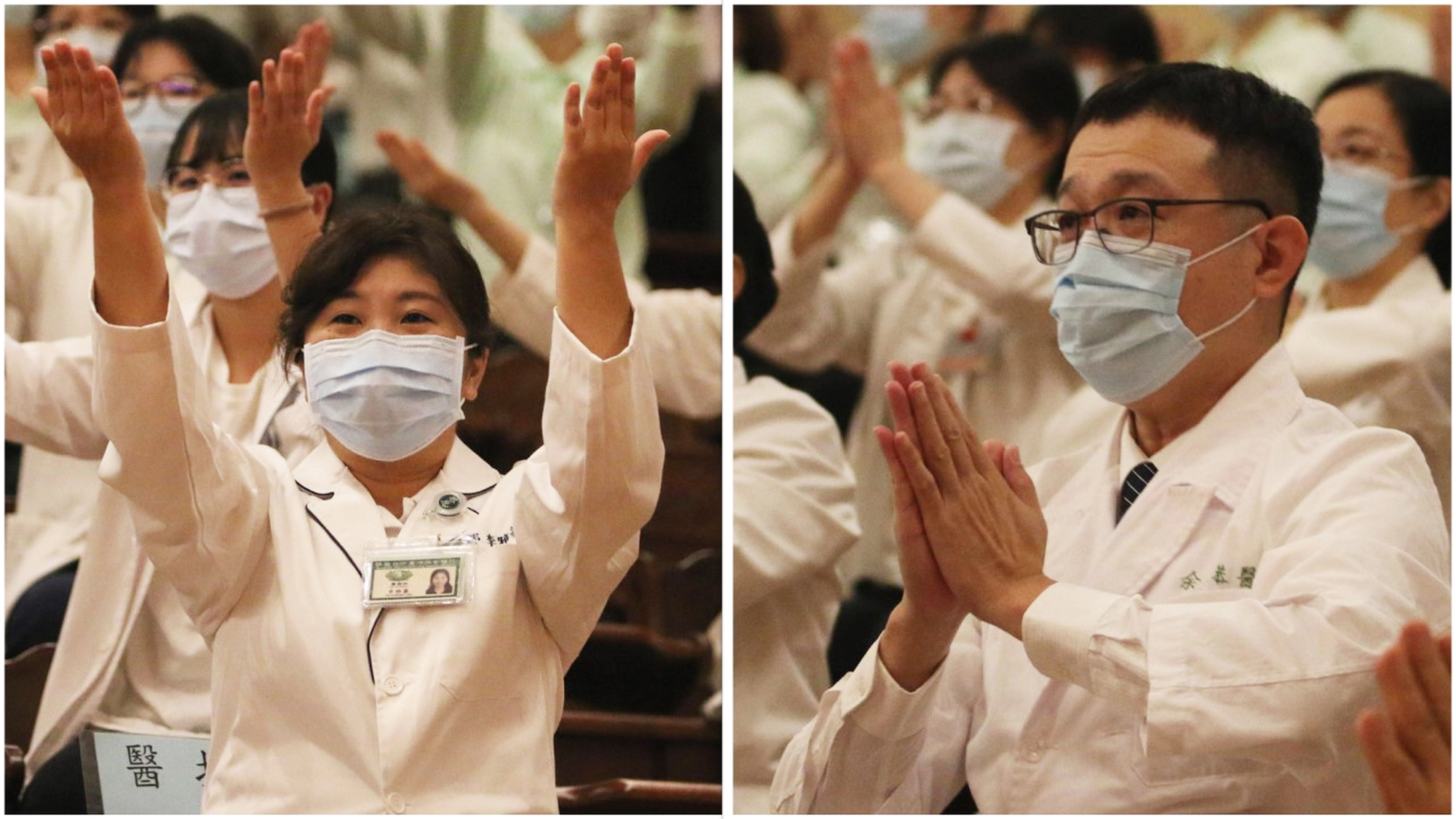 ）藥劑科主任李雅蓁透過經藏演繹反省過去有沒有能持續精進的地方，並展望來年可以調整得更好。（圖右）小兒科醫師余孟恭體會演繹選用「懺悔業障」歌曲，由「靈鷲山上」回到佛陀說法的殊勝地，面對防疫讓心靈更平靜。
