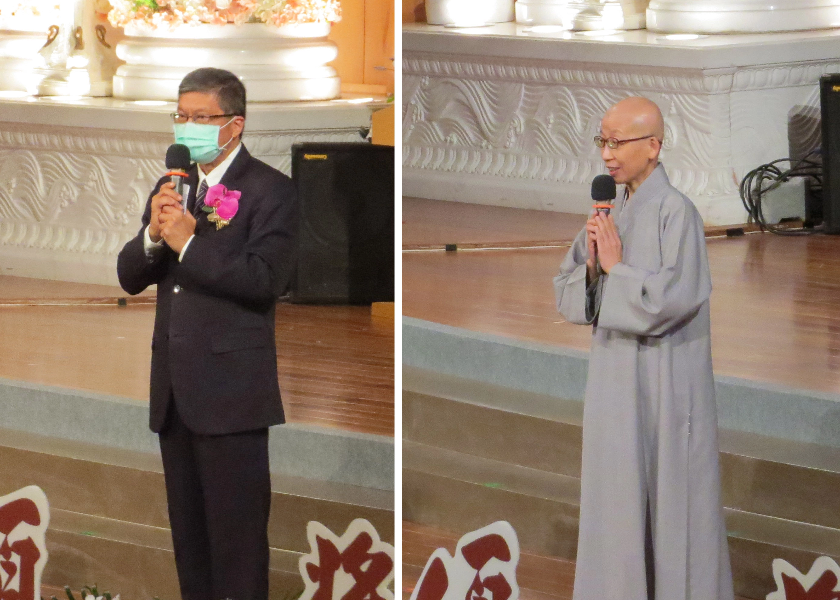 慈濟基金會副執行長劉效成(圖左)、靜思精舍德昕法師(圖右)勉勵學子