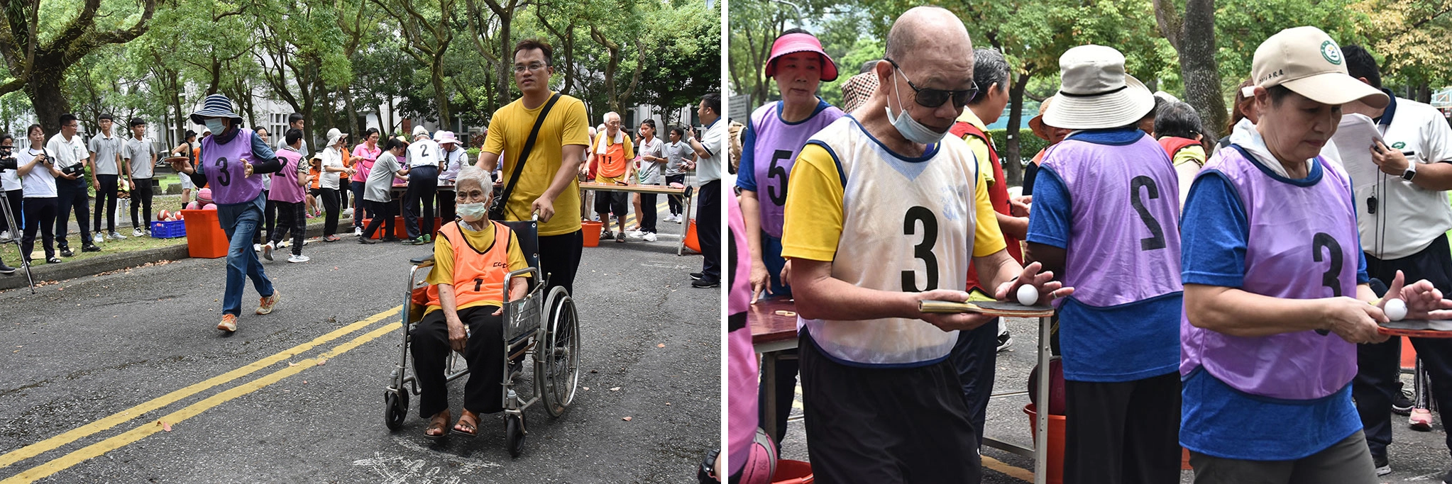 左圖：即使坐著輪椅也堅持完賽！右圖：挑戰平衡感的趣味競賽。