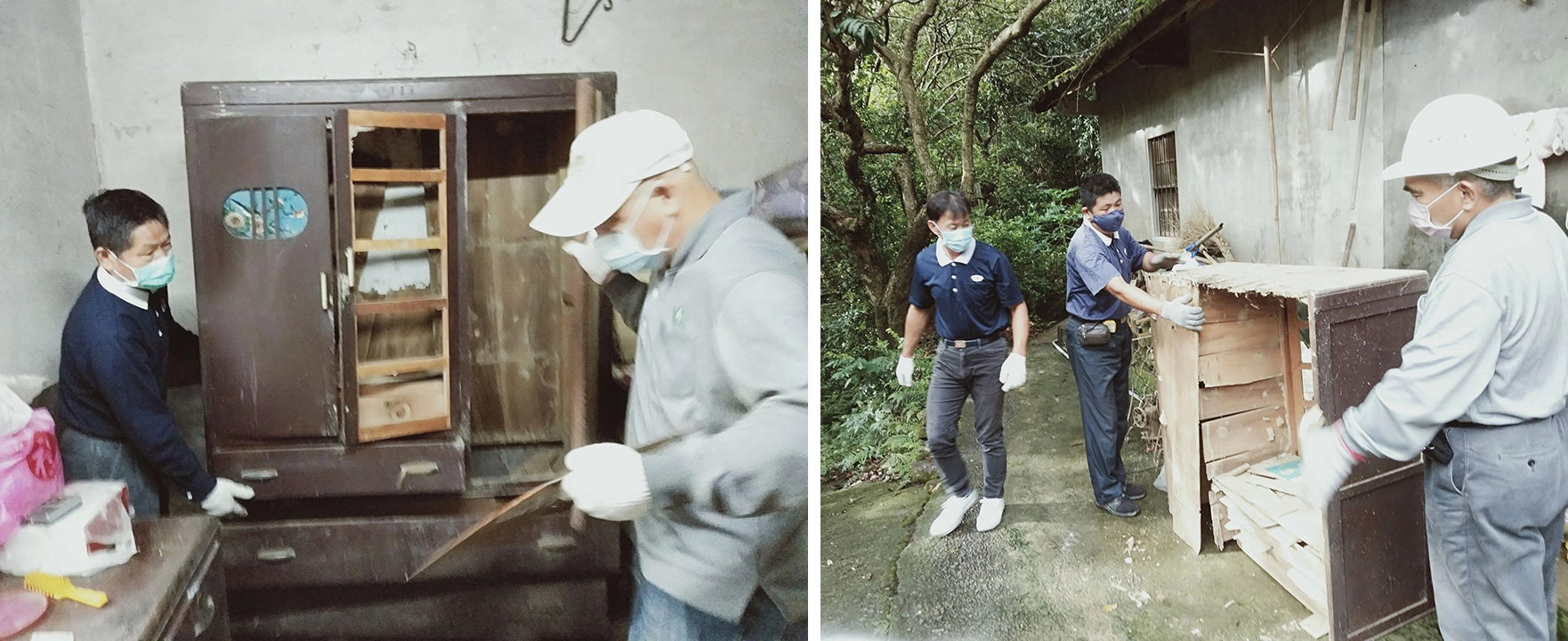 志工將腐壞的舊衣櫥搬出去。