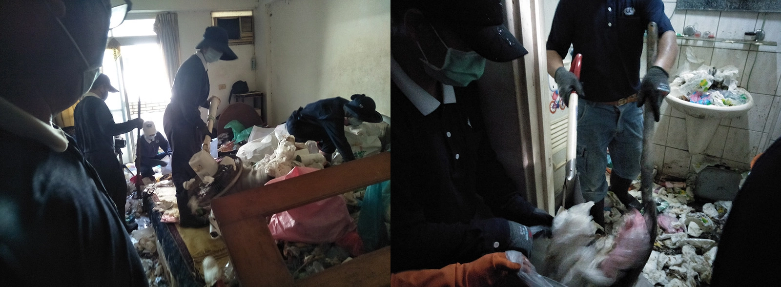 每層樓房間都是堆積滿垃圾志工們不怕臭味埋首清理，整個洗手間都是塞滿了惡臭的衛生紙志工們仍不斷清理。