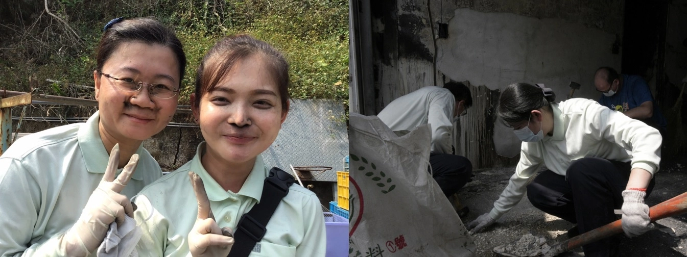 右圖:口罩兩層也擋不住滿屋子的烏煙瘴氣，換了再換的口罩，清理乾淨後心滿意足的露出小花貓一樣的笑容！左圖:社服室同仁蔡曉薇(右一)