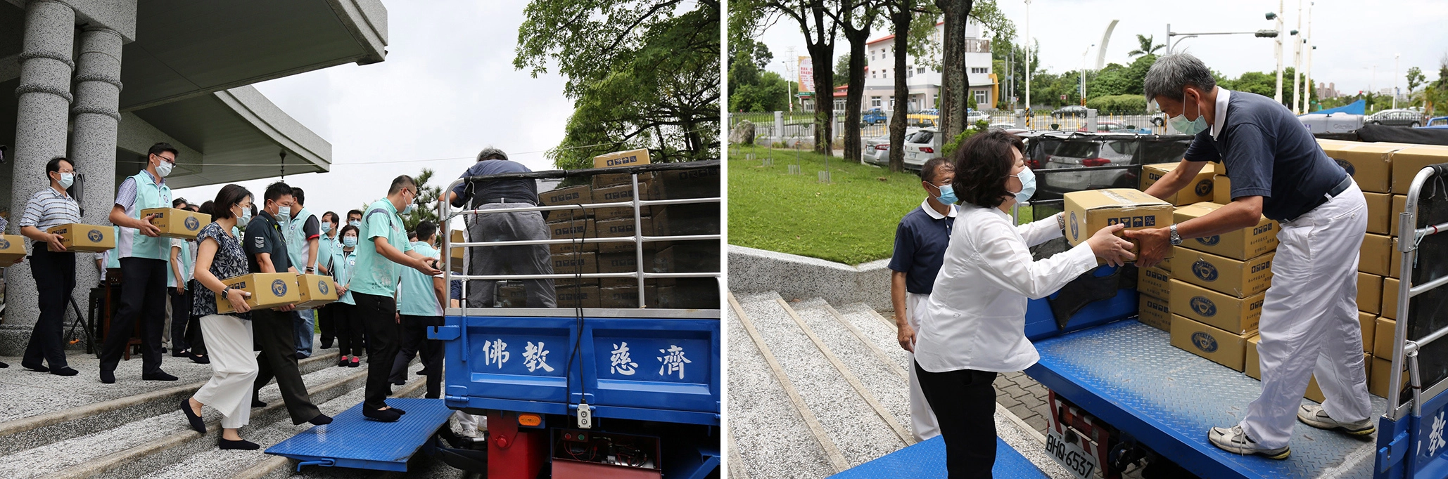 左圖：嘉義市各國中小校長將包裝好的安心生活箱送上物資車。右圖：嘉義市長黃敏惠(左)將包裝好的安心生活箱送上物資車。