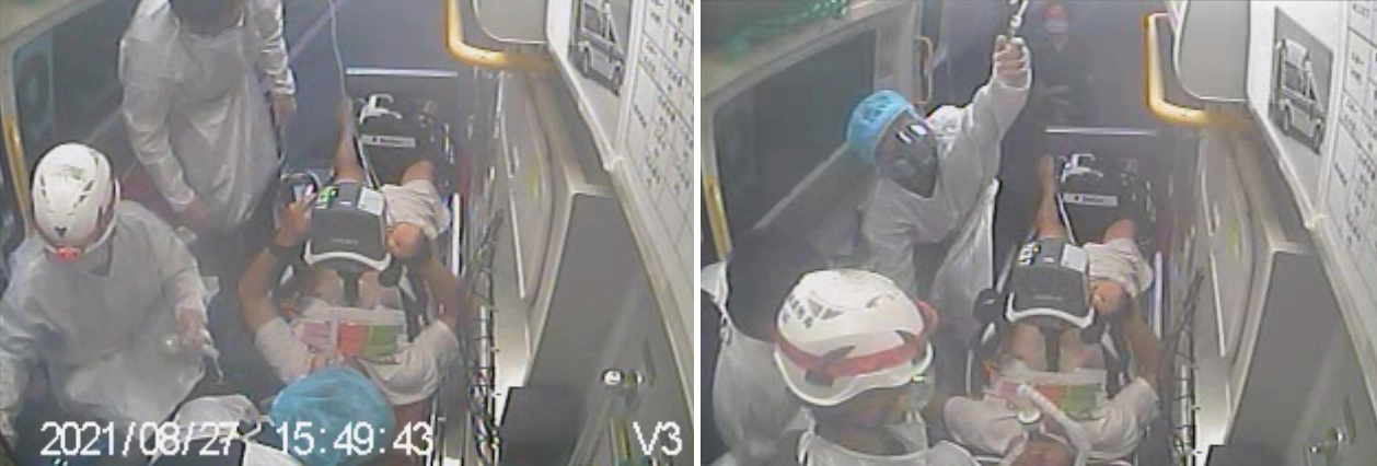 花蓮一名老翁日前身體不適撥打119求救，消防局救護技術員抵達時老翁已呈OHCA，救護員以手動電擊器(Zoll X)急救處置，右圖為救護員給藥畫面。