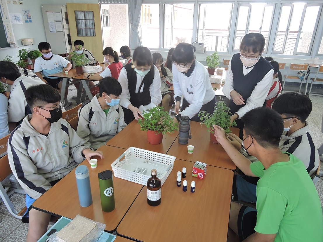 香草植物玩起來讓學生認識常見的香草植物，並製作防疫精油。(圖楊淑青)