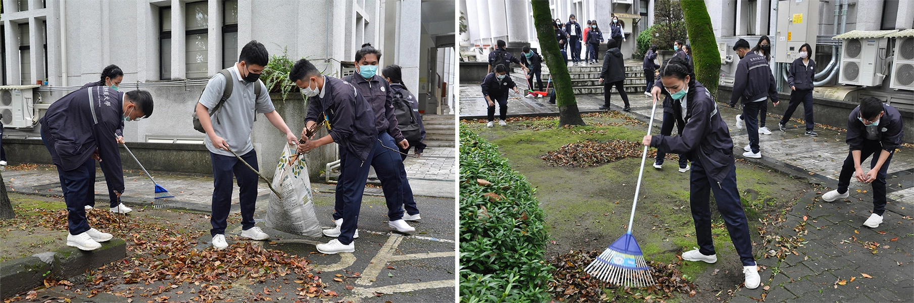 慈濟科技大學展開校園大掃除。不少外籍生因疫情無法回國，主動加入打掃的行列。