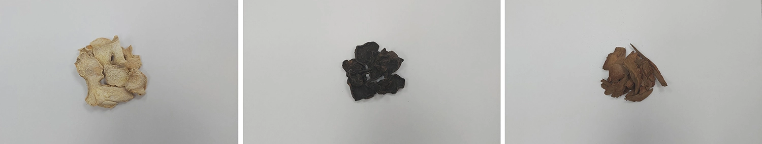 （左至右）中醫常用乾薑補脾、附子及肉桂補腎，達溫中散寒之效。