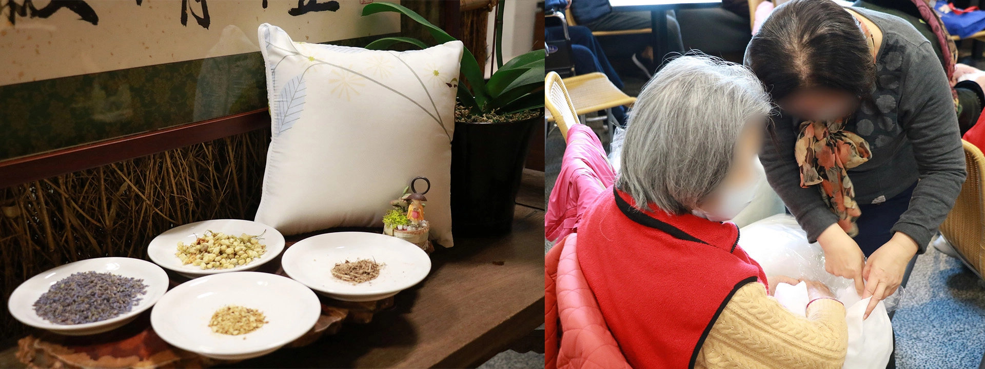 病人和家屬一起將棉花與藥材包塞入枕套內，運用薰衣草、茉莉花、陳皮與石菖蒲等藥材，製作香味十足的「安眠枕」。