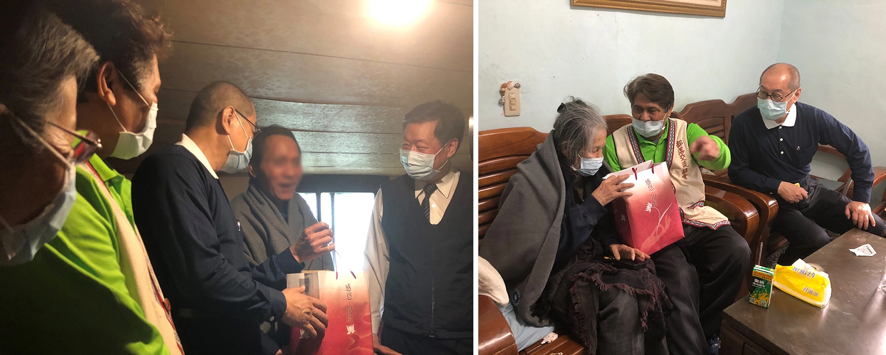 （左圖）住在鐵皮屋獨居的朱先生不良於行，慈濟2020年開始為他送三餐，今天也送禦寒物、營養品到家。