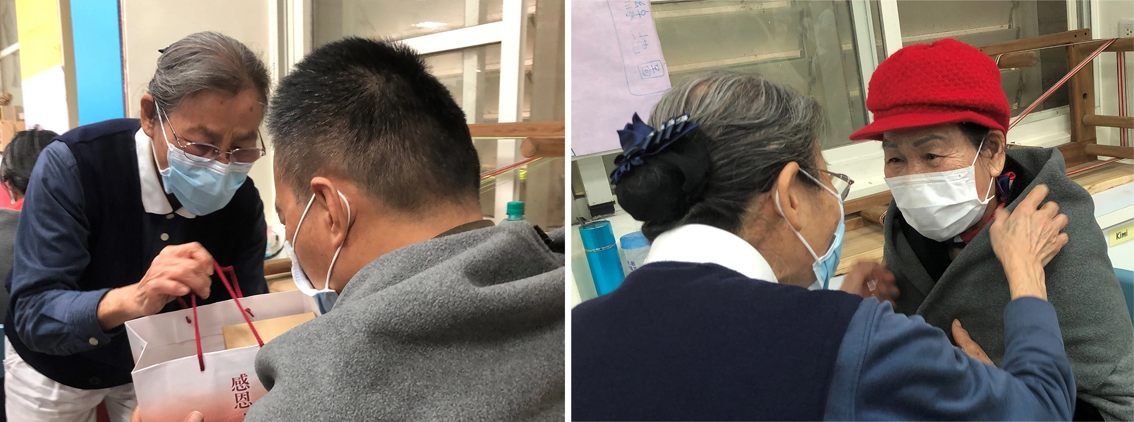 1月28日慈濟志工前往秀林鄉景美多功能集會所，為長者披上披肩，送上營養品。