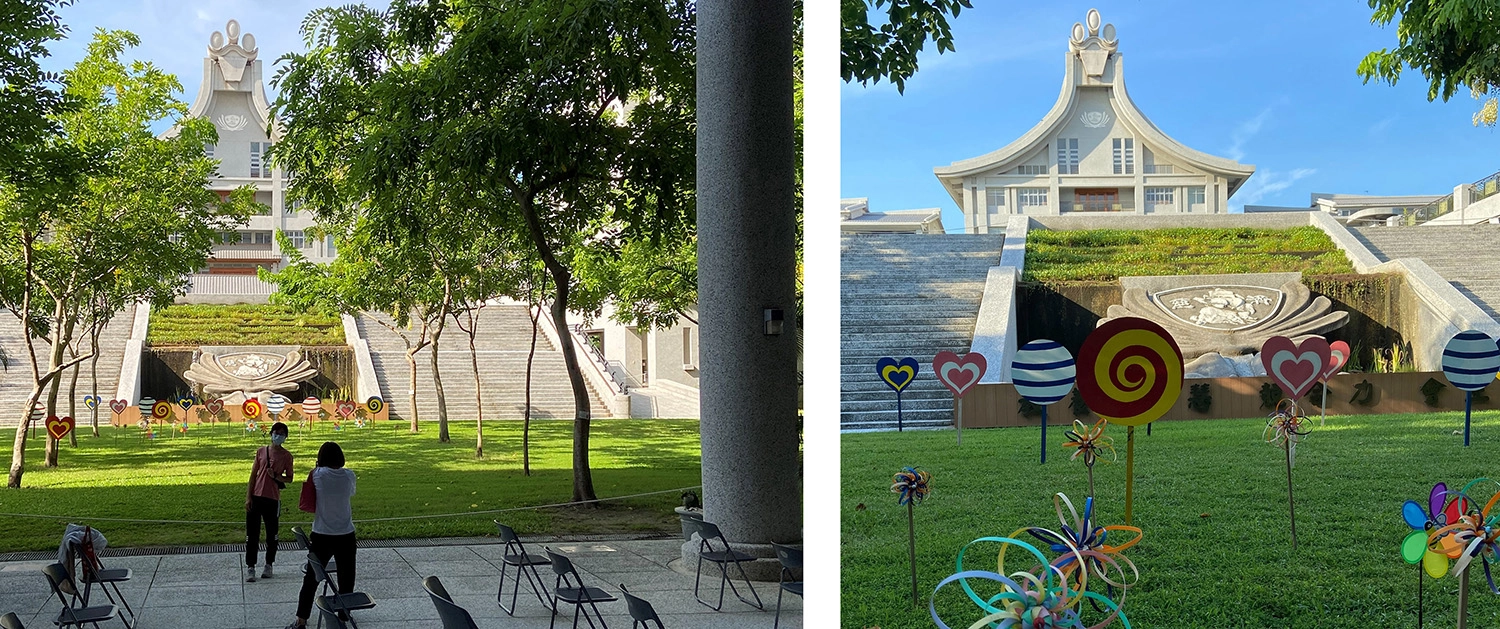接種疫苗民眾利用空檔在美麗的臺南慈中校園留影。攝影：林昱汝／總務處同仁及木工志工結合巧思及環保材質美化校園，藉由校園環境無聲說法。攝影：林昱汝