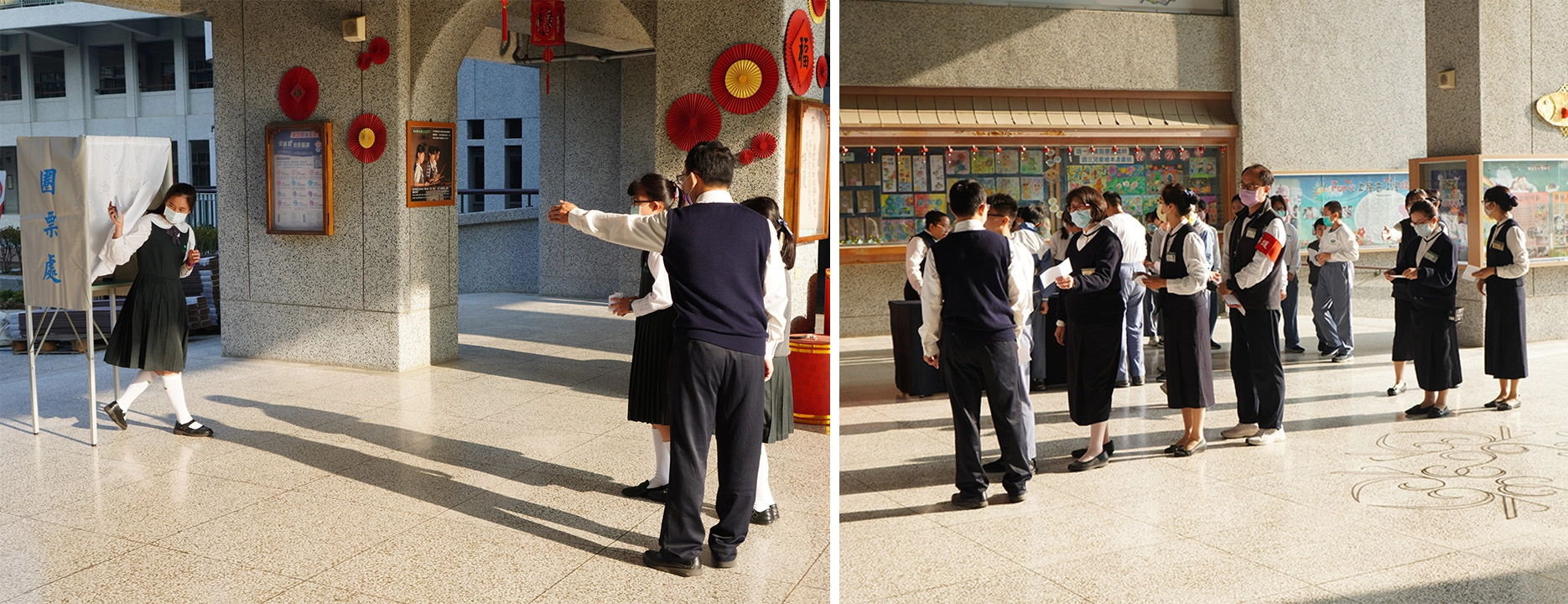 師長們依序排隊等候投票。在師長的引導下至圈票處投票。