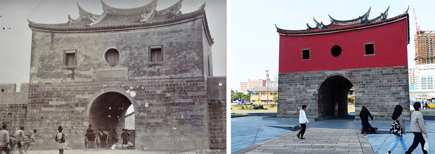 1895-1901年間的臺北府城北門(出自秋惠文庫Formosa Vintage Miseum)、現況的北門。