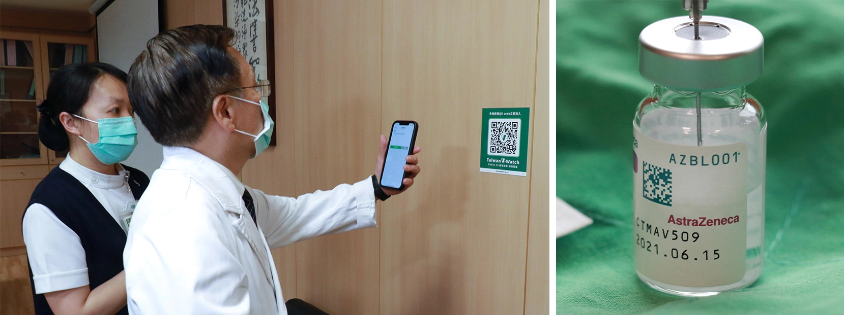 施打疫苗後，感染管制中心護理長何佳佳協助簡院長掃描QR Code登錄疾管家V-WATCH。