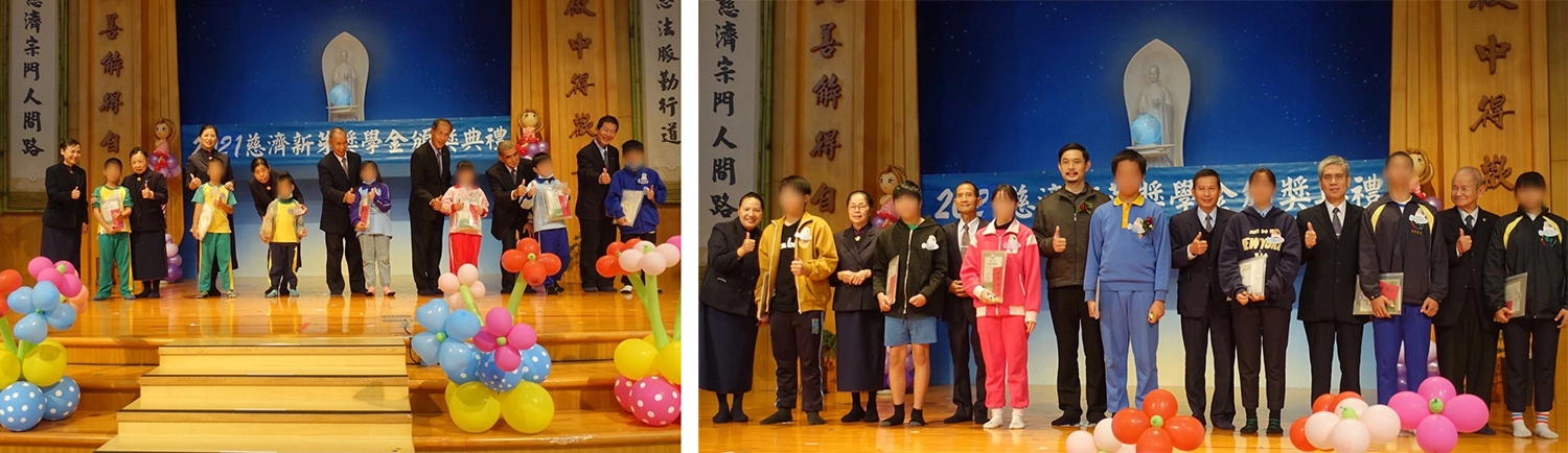 2021年宜蘭新芽獎學金頒獎典禮11月14日在慈濟羅東聯絡處舉行，本年度將近500位學子獲獎。／2021年宜蘭新芽獎學金頒獎典禮，宜蘭縣教育處長王泓翔(左七)上台頒獎並與獲獎者合影。