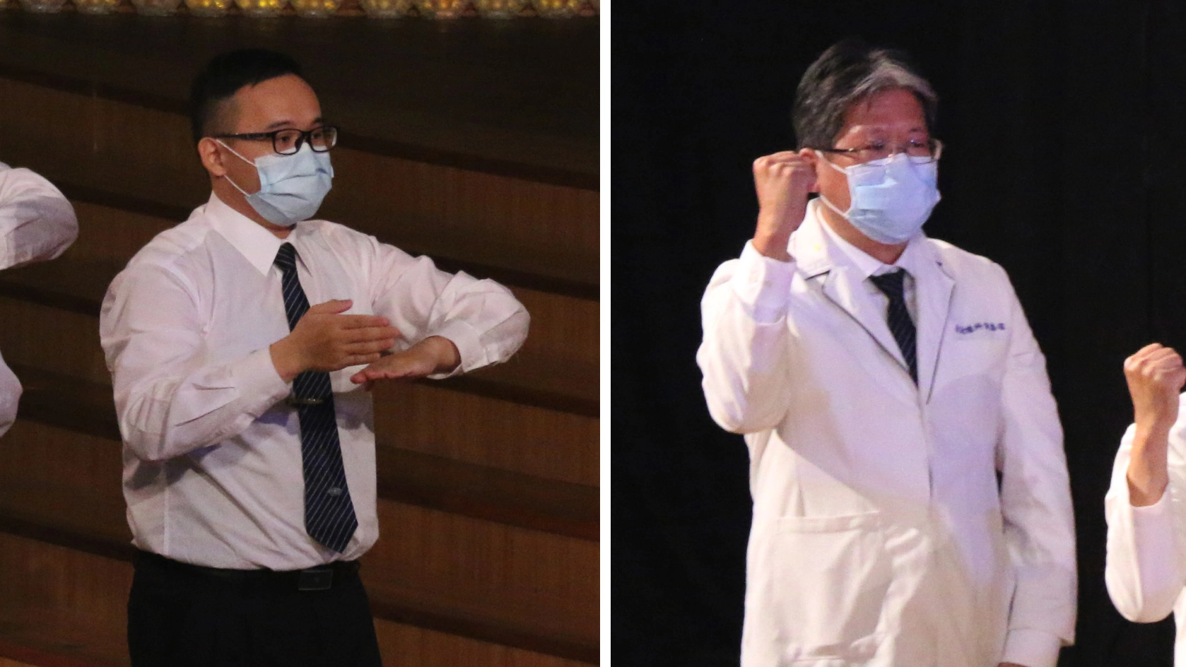 影像醫學技術主任劉泰程（右），藉參與演繹讓自己跟緊慈濟腳步。行政同仁朱耿利（左）第一次參與演繹表示要盡自己心力跟上證嚴上人的腳步。