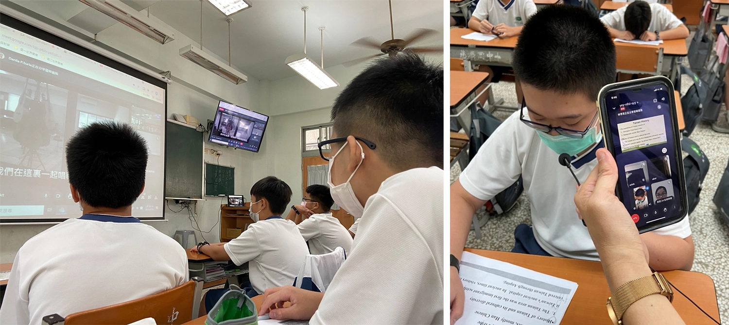 同學專心聆聽印尼同學分享他們的學校環境與IB國際文憑課程。林曉瑩攝／國一新生要用英文向印尼同學介紹臺南可是鼓足勇氣，難免害羞音量細微，但是他們做到了。
