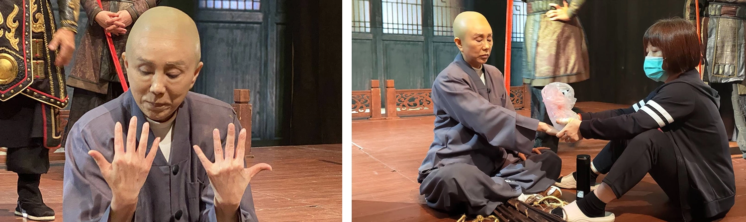 孫翠鳳搏命演出遭夾手指酷刑。／孫翠鳳演出《紫柏真可大師》雙手淤青。