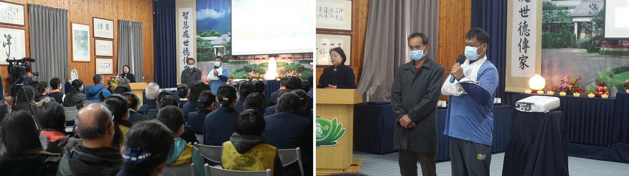 左圖：慈濟12月18日在池上鄉杜園舉辦歲末祝福感恩會，受災鄉親上台表達對各界善心人士的感恩。右圖：慈濟12月18日在池上鄉杜園舉辦歲末祝福感恩會，受災鄉親邱先生(右)上台表達慈濟協助修繕的感恩。