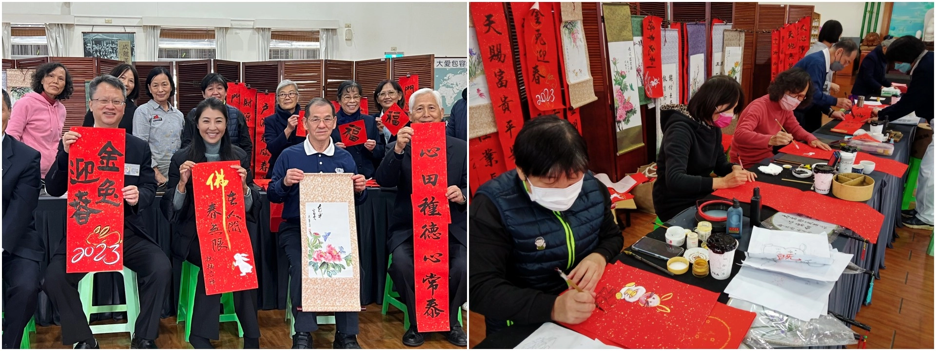 書畫春聯結緣(左圖中心當選縣長許淑華)讓會眾感受過年的歡喜氣氛。1671417389727-攝影張文聰