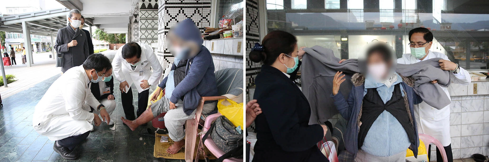 花蓮慈院團隊送上禦寒物資給住在火車站的李小姐(化名)，但她雙腳浮腫並有不少傷口，而且肚子也是明顯腫脹，讓團隊很擔憂。
