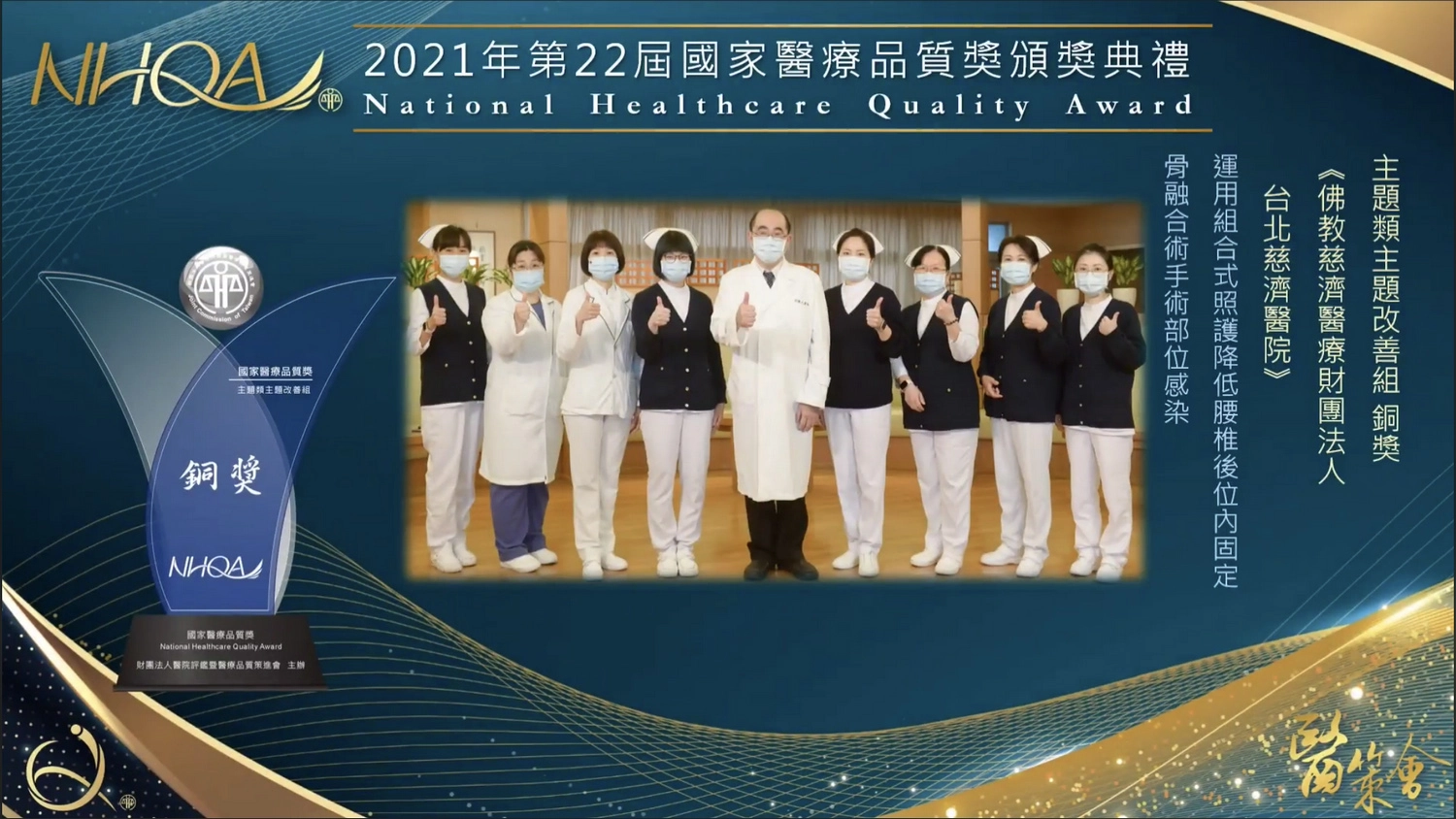 台北慈濟醫院外科護愛圈團隊運用組合式照護降低「腰椎後內固定骨融合術」之手術部位感染，榮獲醫策會第22屆國家醫療品質獎──主題改善組銅獎。