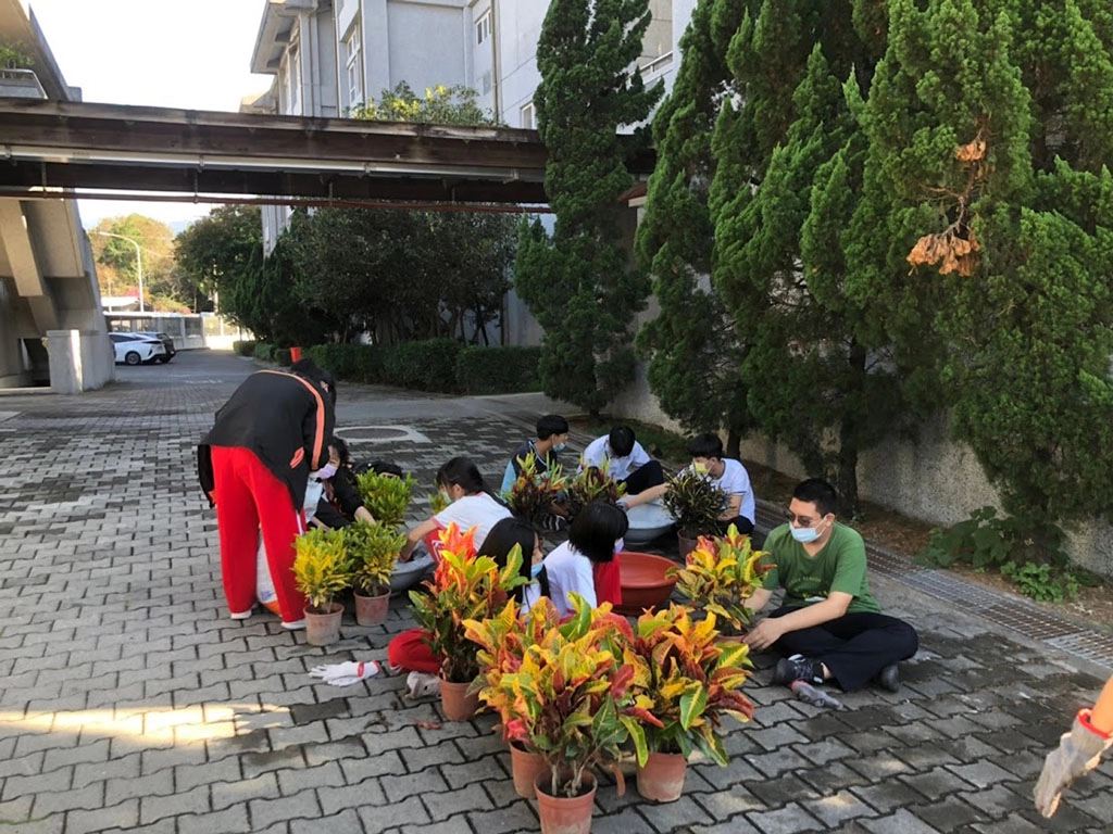 學生合作讓校園角落造景活化。