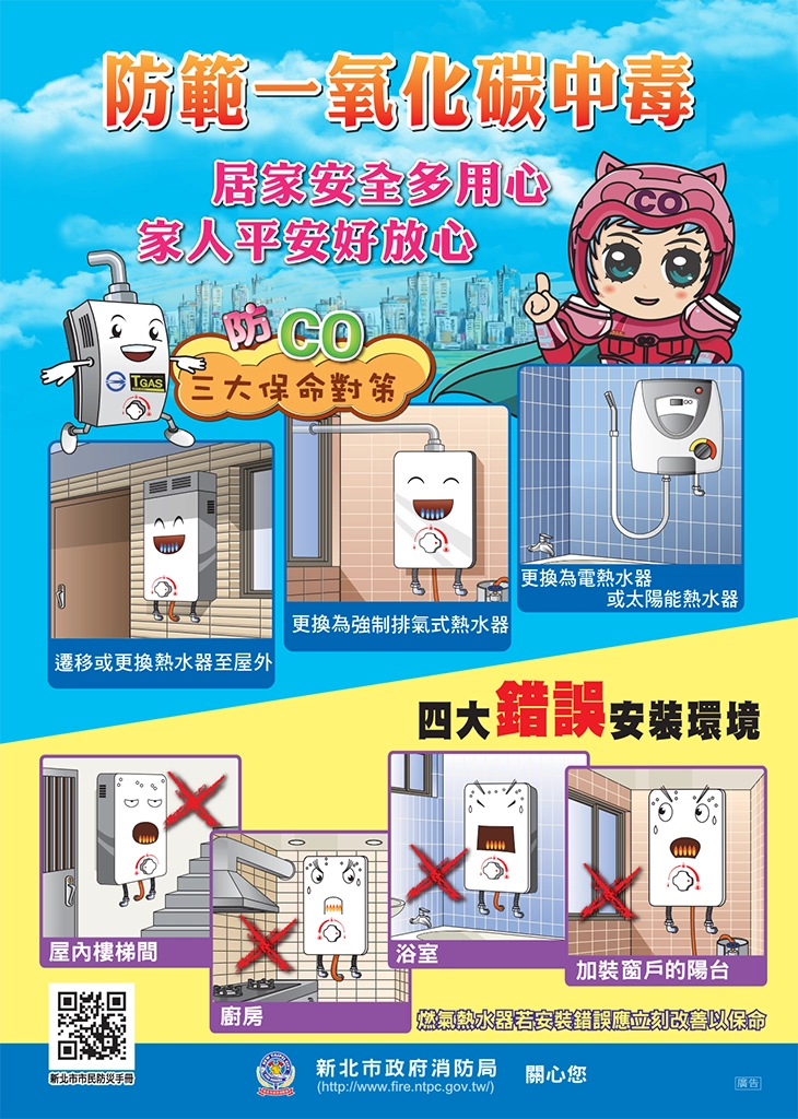 防範一氧化碳中毒保命對策與熱水器安全須知-消防局提供。