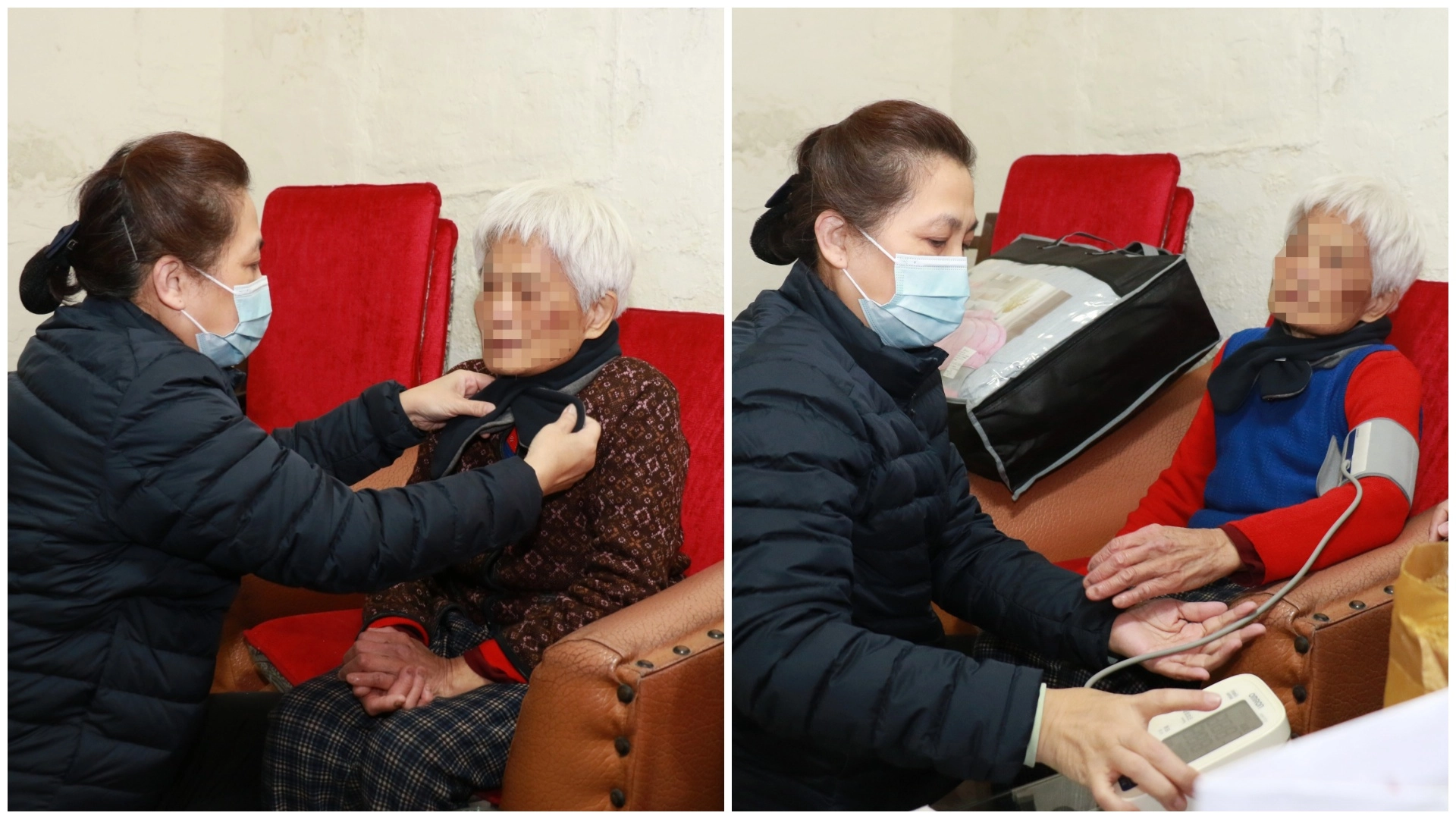 慈濟長照推展中心副召集人莊淑婷為長輩圍上圍巾禦寒，為長輩量測血壓。