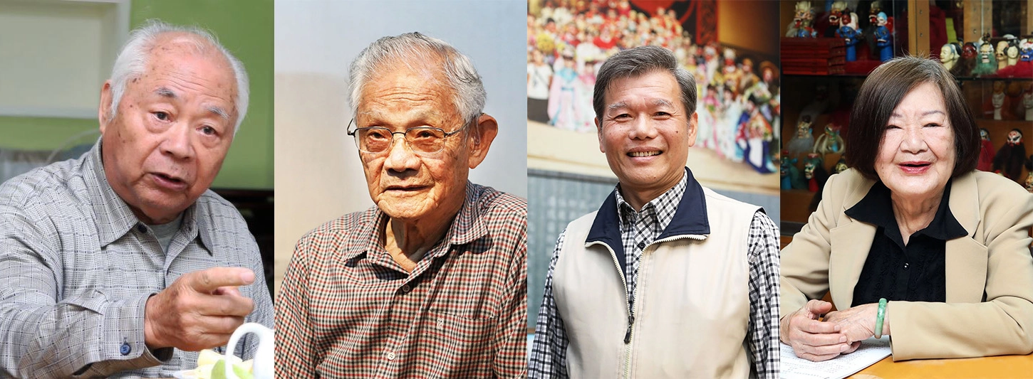 （圖左至右）重要傳統工藝保存者：傳統建築彩繪—莊武男藝師、細木作—游禮海藝師<br />重要傳統表演藝術保存者：布袋戲—江賜美藝師、客家八音—鄭榮興藝師</p>