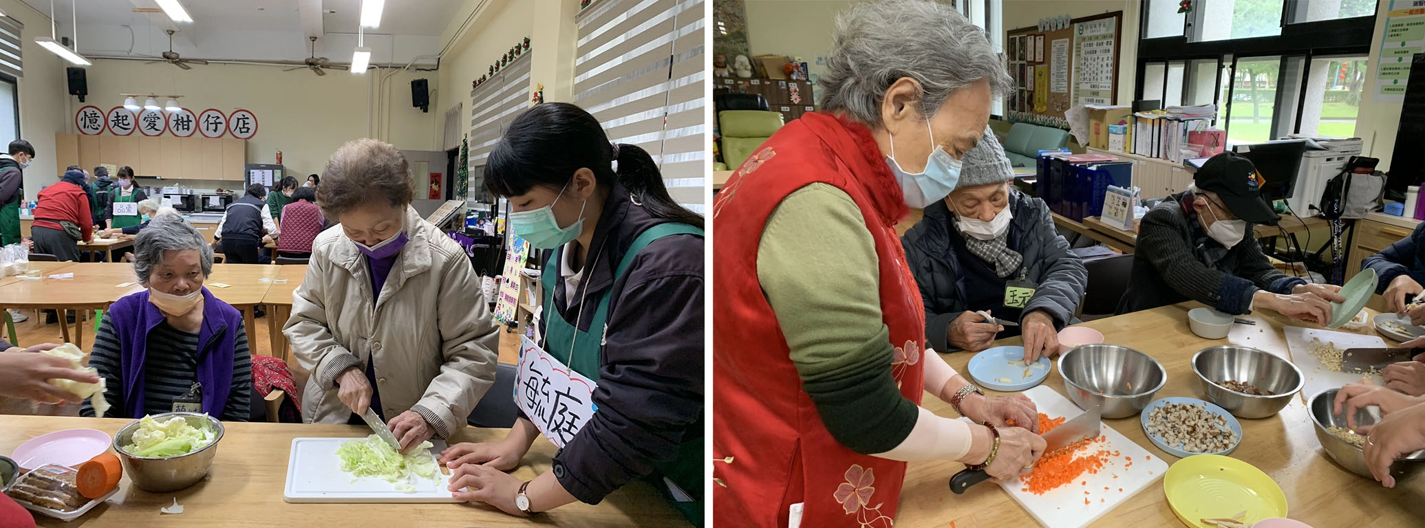 左圖：阿嬤足足站了超過20分鐘，只因「坐著切菜不順手、不俐落！」。右圖：阿嬤刀工一流，三兩下功夫就把紅蘿蔔切碎。