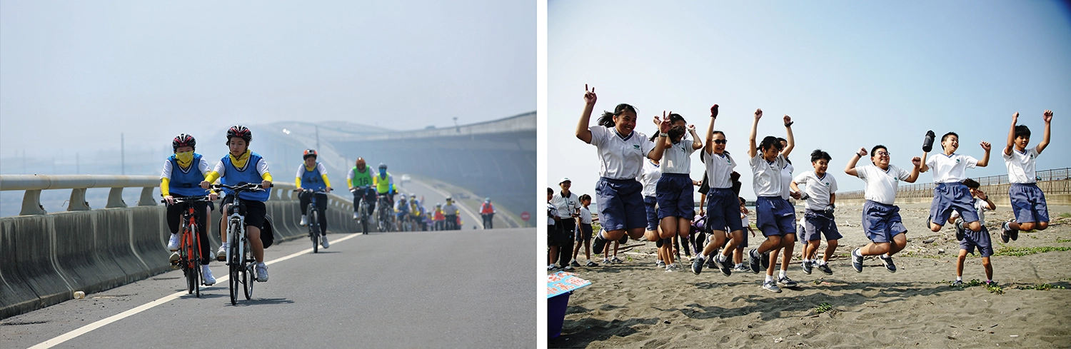 完成70公里單車成年禮，象徵學生們克服困難，勇於挑戰自我。／淨灘讓學生更加了解海洋危機，除了潔淨沙灘更進行減塑宣導，為環境永續盡一份心力！