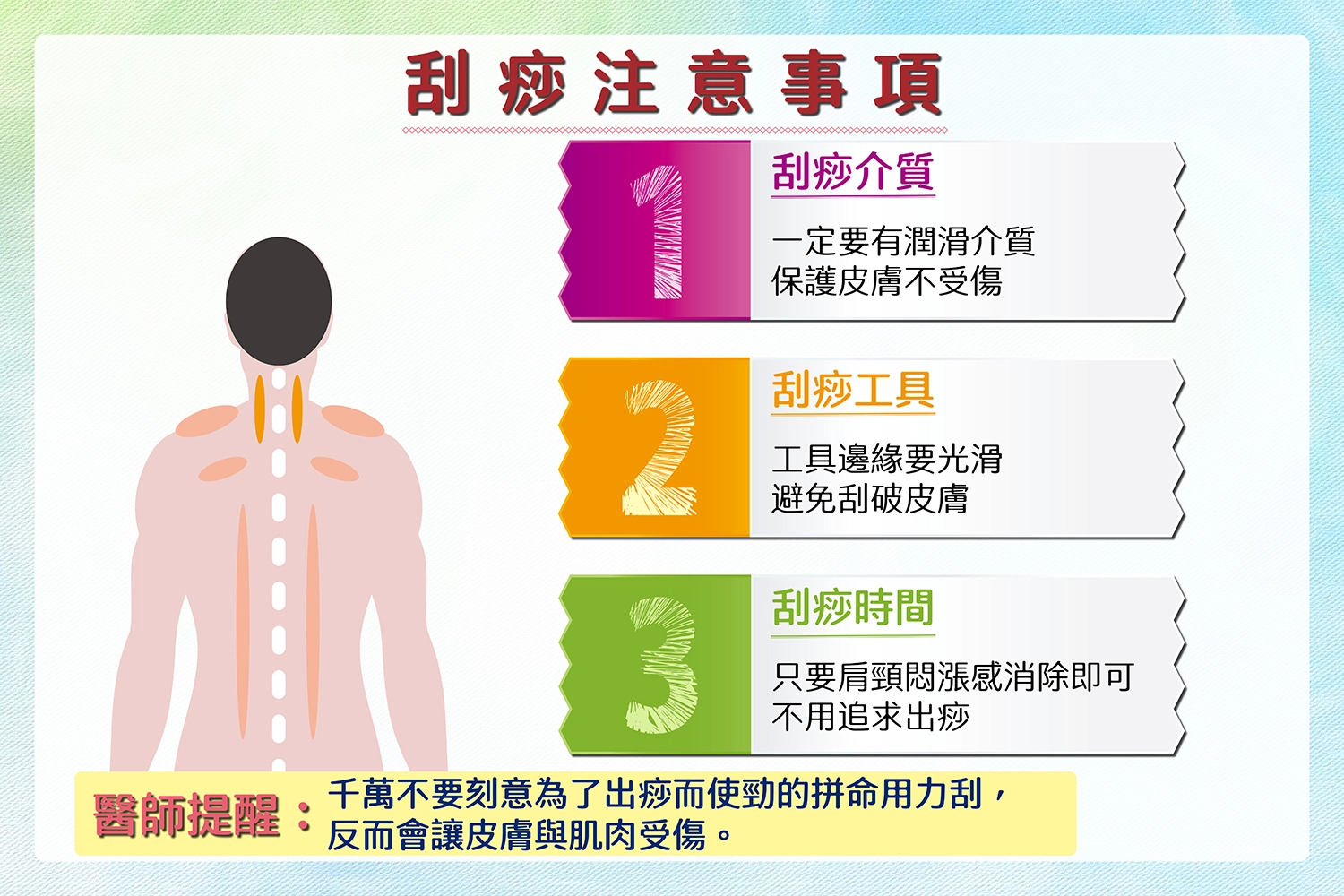 刮痧千萬不要為了出痧而用力刮痧，肩頸悶漲感消除就可以停止。