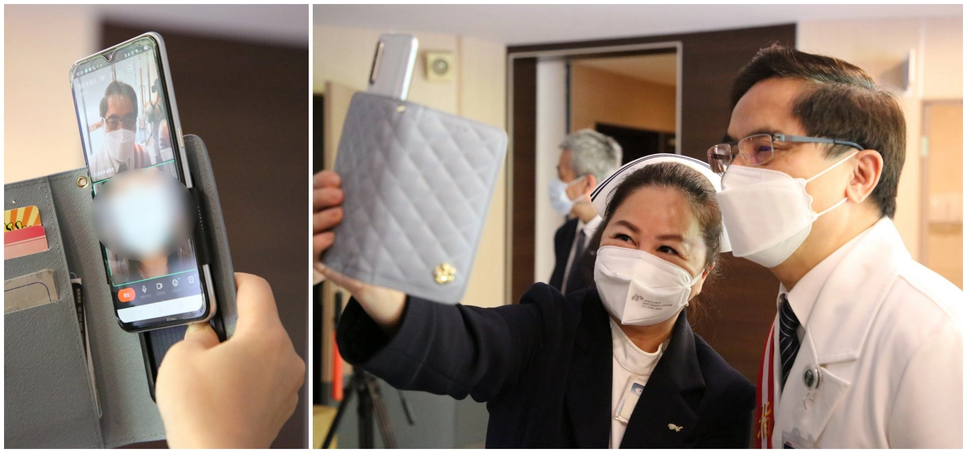 林欣榮院長與鍾惠君主任還透過手機與防疫旅館中居隔的同仁視訊，並關懷同仁狀況。