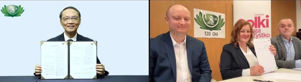 慈濟與波蘭婦女基金會5月4日簽訂慈善合作契約書，由慈濟慈善事業基金會顏博文(左視窗)與波蘭婦女基金會董事長喬安娜(右視窗，中)代表簽訂。