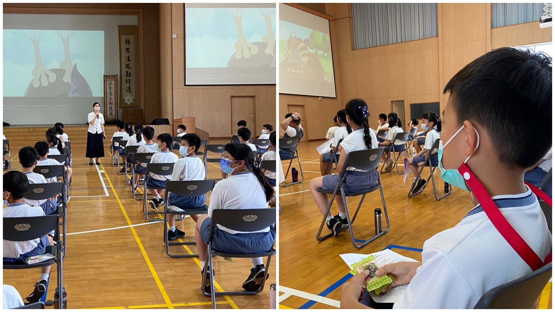 小學部顏秀雯主任進行疫苗接種後的衛教宣導，提醒學童多喝水、兩周內減少劇烈運動。學務處貼心準備餅乾、巧克力球，及大螢幕播放卡通舒緩學童疫苗施打的緊張與不安。