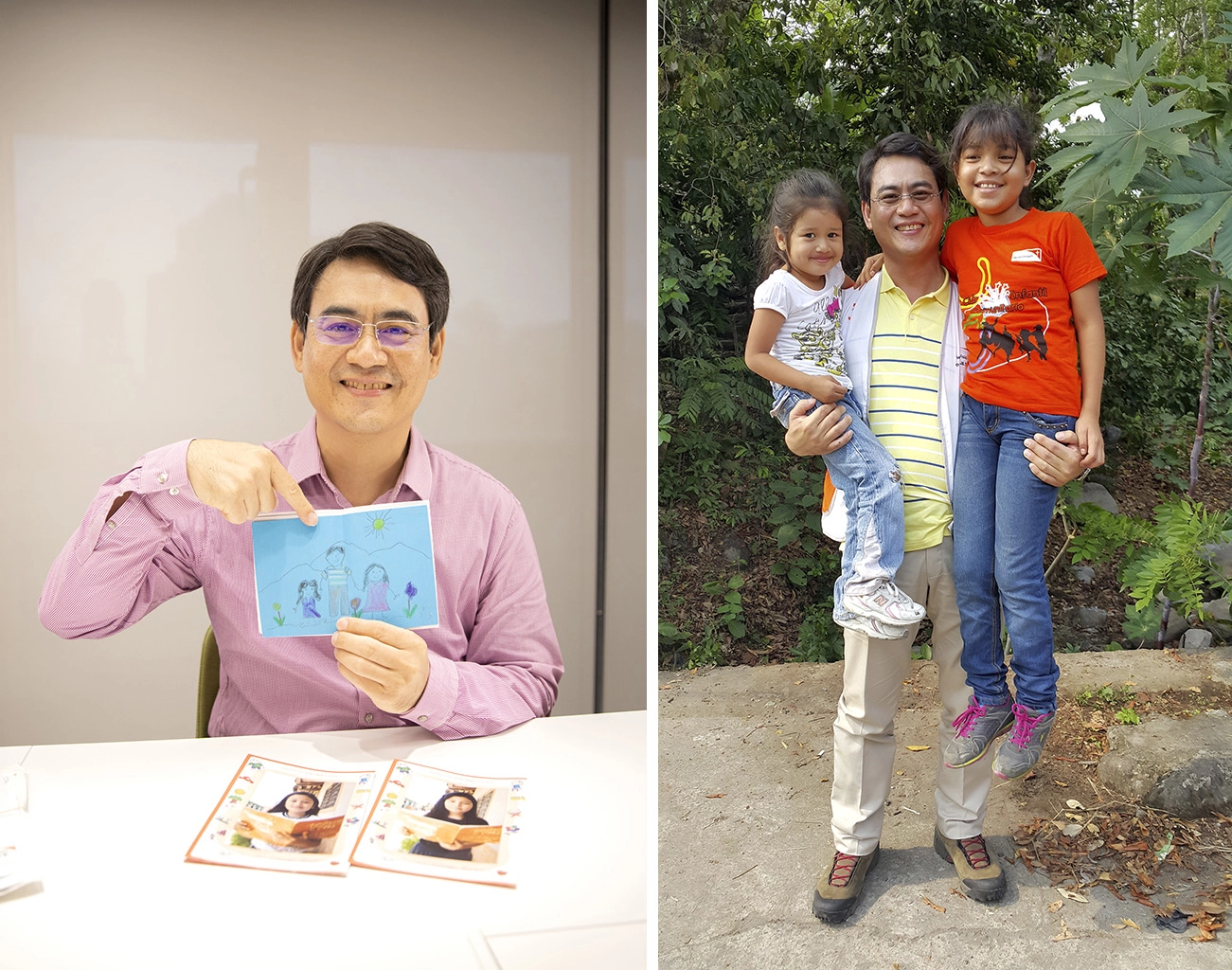 左圖：資助人張景堯至今仍珍惜保存小姊妹倆親手製作的相冊、歷年成長紀錄及信件。右圖：在薩爾瓦多的相處時光，資助人張景堯兩手抱著小姊妹留下合影。
