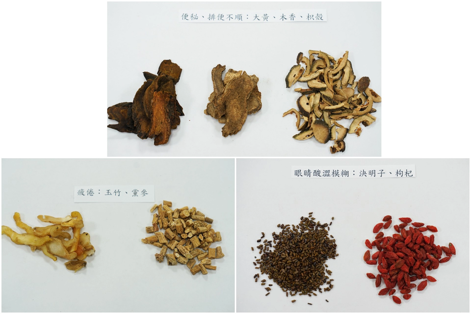 便秘、排便不順可用大黃、木香、枳殼。疲倦可用中藥玉竹、黨參紓解。眼睛酸澀模糊可用決明子、枸杞紓解。
