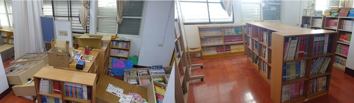 慈濟志工協助萬寧國小災後復原，圖為志工整理圖書館毀損的書櫃與書籍之前後對照。