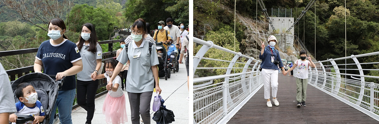 團隊特地安排大家走布洛灣吊橋，路途平穩暢通，最大程度避免需要上下爬坡的路程，讓每位病友和家屬都能輕鬆感受被山水環繞的感覺。