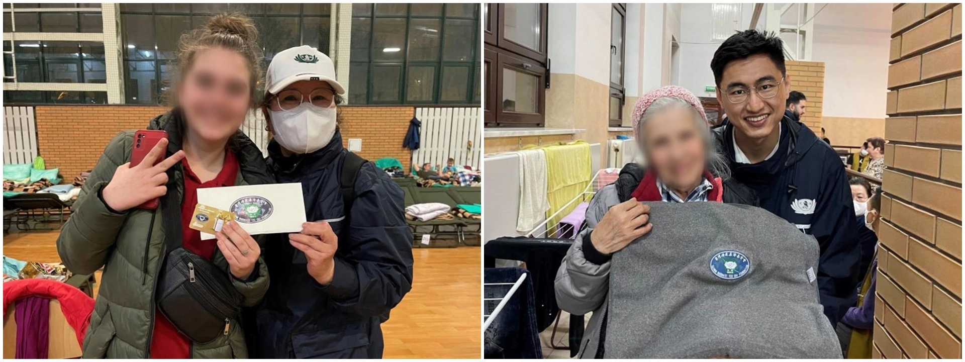 慈濟德國志工陳樹微師姊(左圖)慈大校友Joey(右圖)與給予烏克蘭難民購物卡與環保毛毯。