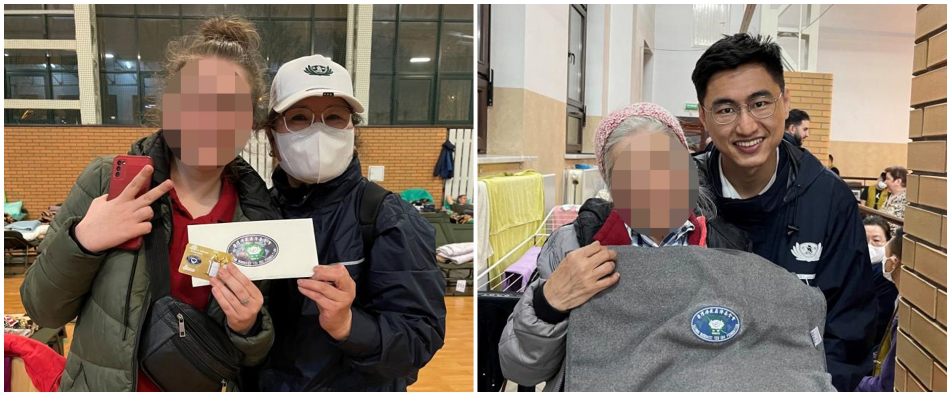 慈濟德國志工陳樹微師姊(左圖)慈大校友Joey(右圖)與給予烏克蘭難民購物卡與環保毛毯。