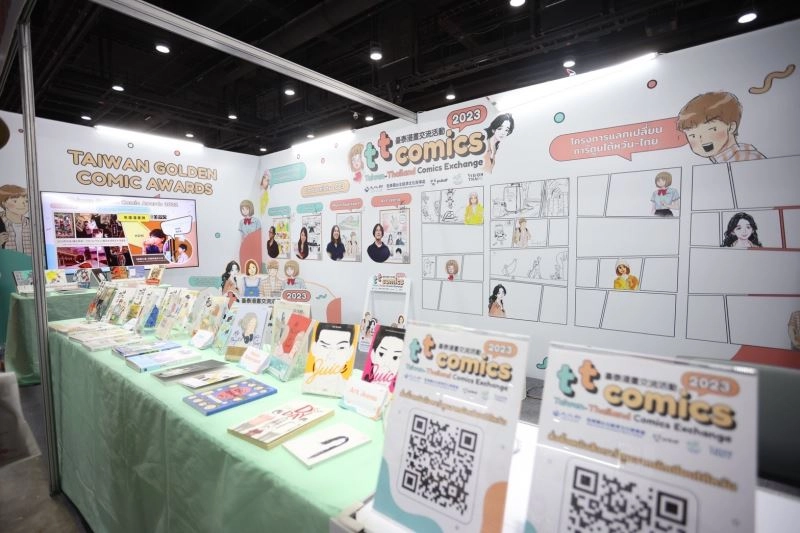 臺灣漫畫展位展示金漫獎作品及金漫獎介紹影片，並規劃互動牆面讓現場讀者共創。