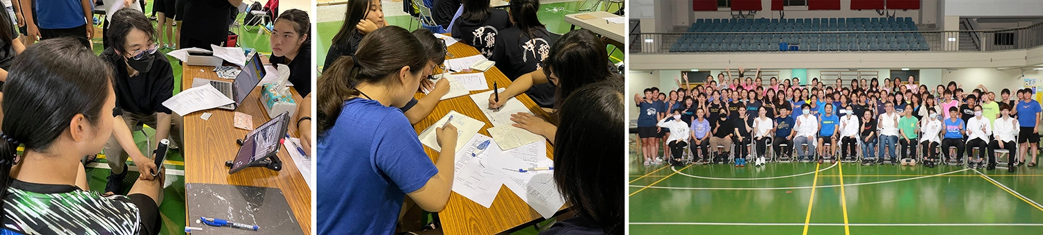 陳佳菁醫師（中）以超音波檢視選手關節周邊組織狀況。／選手認真聆聽醫師分享，並將重點紀錄參考。／醫師與選手及教練合影。