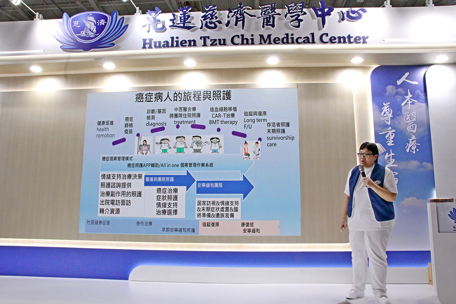 花蓮慈醫院護理部團隊在2023台灣醫療科技展專家講座中,由兒科病房護理長李依蓉、副護理長宋景歡,分享護理團隊用專業、用愛、同理心跨越語言的藩籬,照護來臺接受造血幹細胞治療的越南血癌小朋友阿福以及家長。