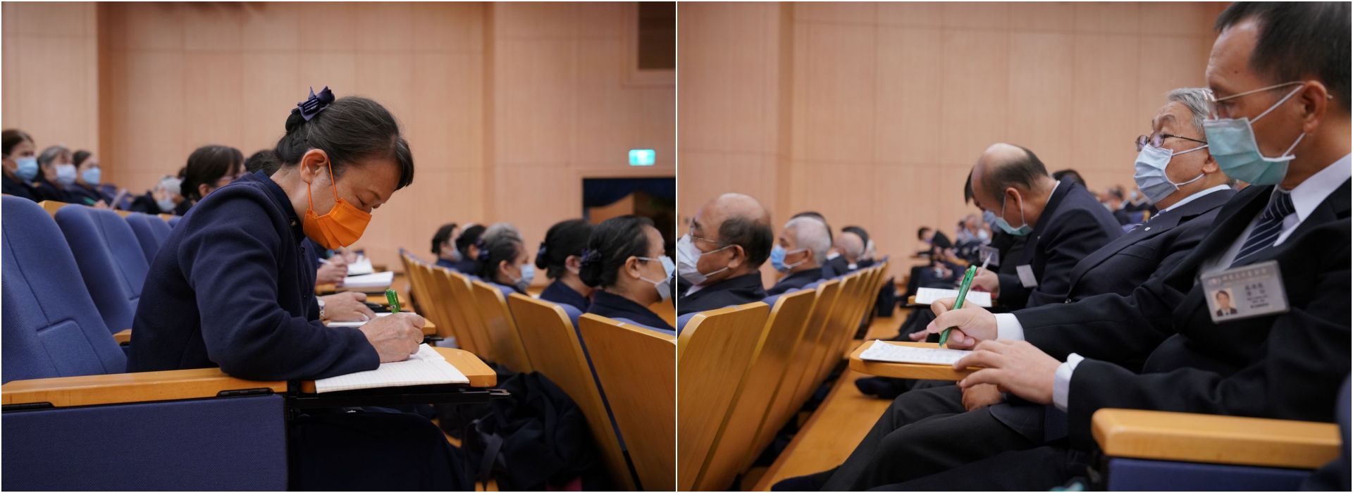 台上顏靜曦李節子師姊分享內容精彩，台下志工也努力筆記，不想錯過任何法脈精髓。