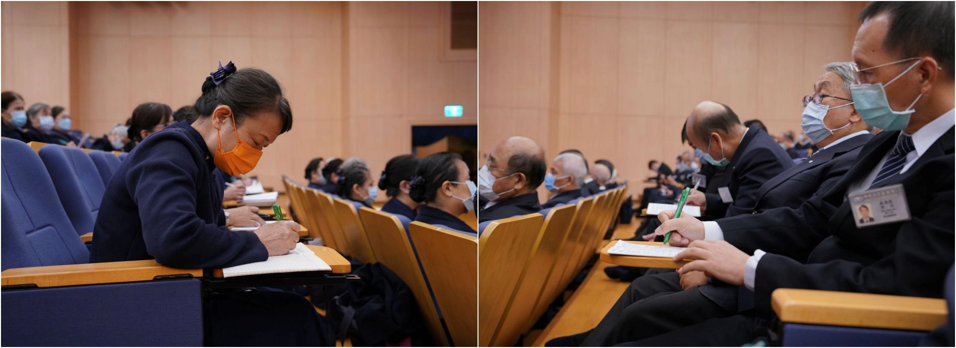 台上顏靜曦李節子師姊分享內容精彩，台下志工也努力筆記，不想錯過任何法脈精髓。